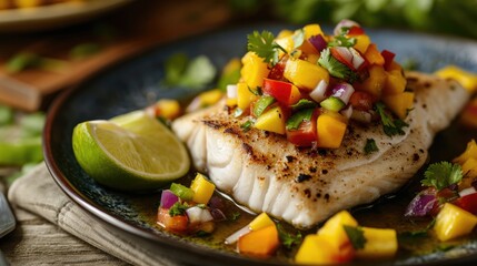 Mahi-mahi Grilled fish fillet topped with mango salsa, garnished with cilantro and lime