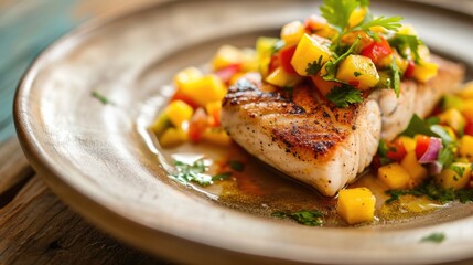 Mahi-mahi Grilled fish fillet topped with mango salsa, garnished with cilantro and lime - obrazy, fototapety, plakaty