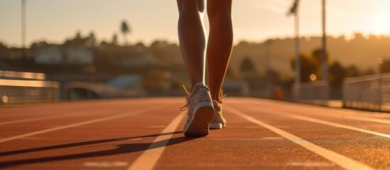 You can see a woman's feet getting ready to run on the stadium circle road, orange sunlight - obrazy, fototapety, plakaty