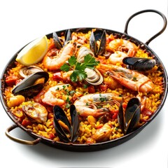 Traditional seafood paella in the pan with shrimp, mussels, and lemon on a pot