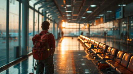 A man with a backpack standing in an airport Portrait of the man standing at the airport, providing a glimpse into the man's journey ahead. - obrazy, fototapety, plakaty