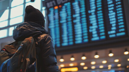 Tourist at the airport looks at the scoreboard.