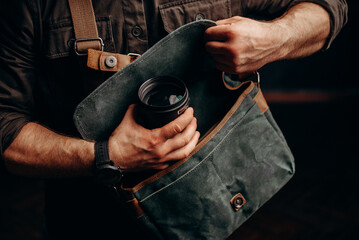 hipster man with stylish shoulder bag. lifestyle, fashion, style and people concept - obrazy, fototapety, plakaty
