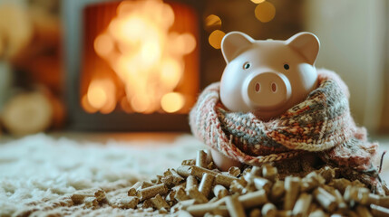 Winter Savings: Piggy Bank and Wood Pellets. Generative AI