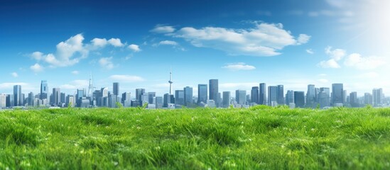 3D render grass field with city background and bright blue sky