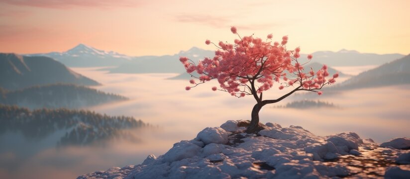 A cherry tree on a rocky mountain peak above the thick fog sunset background