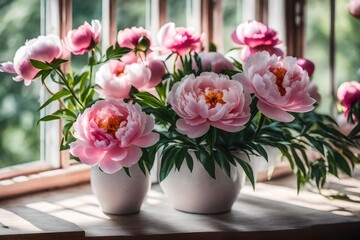 Blooming peonies in front of a window