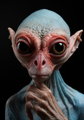 Introspective Alien Being with Textured Wrinkles: Articulate Gesture & Deep Orange Eyes - Reflective ET with Soulful Eyes.
