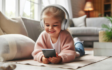 Fototapeta na wymiar Happy smile Preteen girl kid using a smartphone and headphones for online learning, app social media, or playing a game