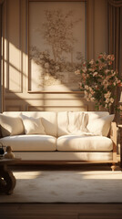 A beige sofa in a large living room, in the style of emotive lighting, inspired by folklore, calming effect, hand-painted details, soft-focus technique ,unreal engine 5, Ultra HD, 8K
