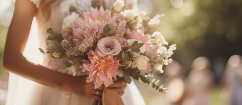 Beautiful summer wedding bouquet. Delicate bright flowers and women wearing wedding dresses