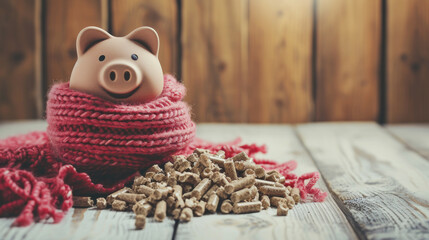 Winter Savings: Piggy Bank and Wood Pellets. Generative AI - obrazy, fototapety, plakaty