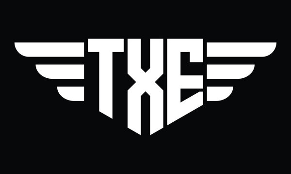 TXE three letter logo, creative wings shape logo design vector template. letter mark, word mark, monogram symbol on black & white.	