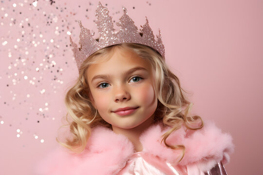 Portrait of young girl wearing pink carnival or Halloween princess costume