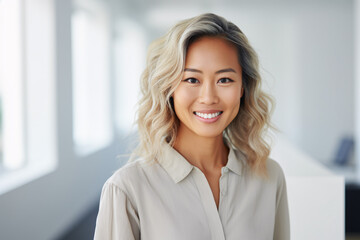 Asian woman with blond hair with white room in background