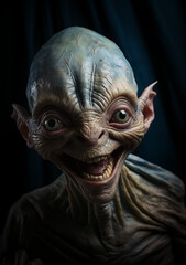 Playful Extraterrestrial with Beaming Grin: Childlike Gaiety & Soft Blue Textures - Happy Alien Close-Up - Lighthearted ET's Delight.