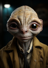 Distinguished Alien Portrait: Human-Like Features & Soulful Amber Eyes - Intelligent Alien Gaze - Stylish Tie & Yellow Jacket - Otherworldly Elegance Wrinkled Alien.