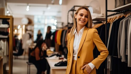 Woman trying on a yellow blazer in a clothing store - obrazy, fototapety, plakaty