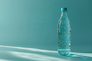 Bottle of water. Light blue bsckground. Space for text. Empty space.