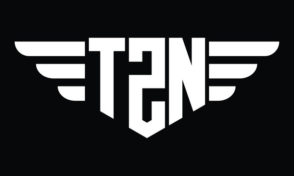 TZN three letter logo, creative wings shape logo design vector template. letter mark, word mark, monogram symbol on black & white.	