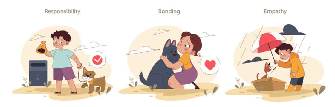 Children and pets set. Exploring responsibilities and joys of pet ownership. Kids developing empathy, social and physical skills. Animal care and emotional support. Flat vector illustration