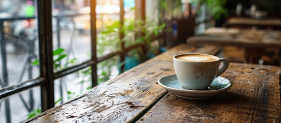 Fototapeta na wymiar Latte coffee on wooden table near window at cafe.