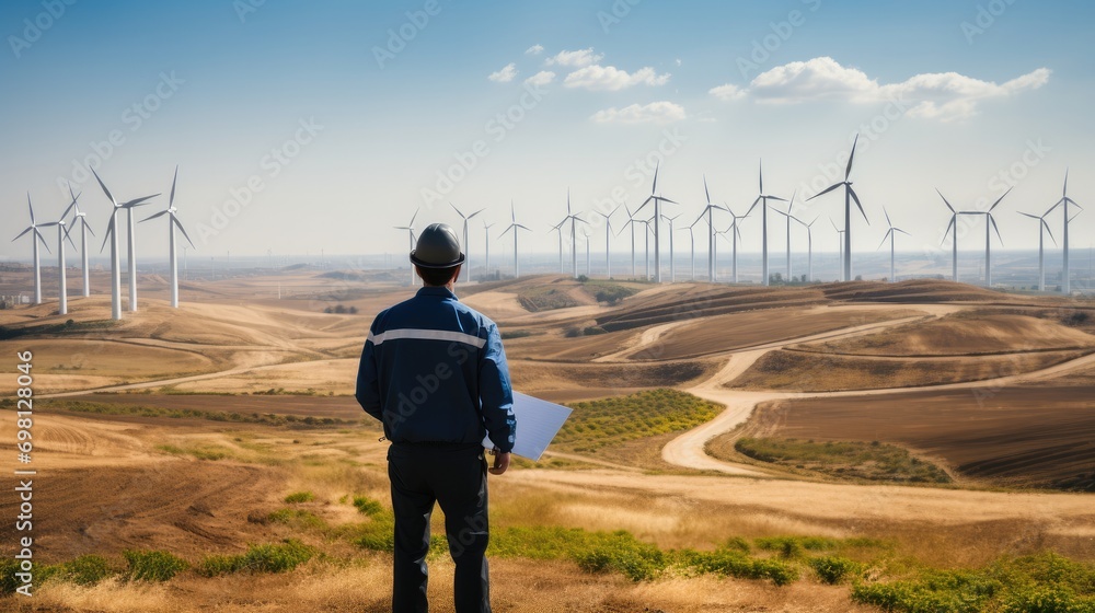 Poster Environmental engineer in a hard hat and casual attire, Standing in a green field with wind turbines in the distance. Generative AI.