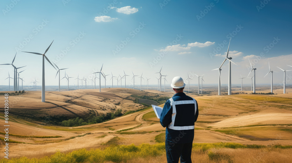 Poster Environmental engineer in a hard hat and casual attire, Standing in a green field with wind turbines in the distance. Generative AI.