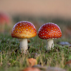 closeup of 2 fly agarics in warm colors,  the fungi are very poisonous