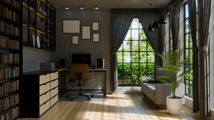 Modern 3D-rendered home office with a sleek design, bookshelf, and indoor plant.