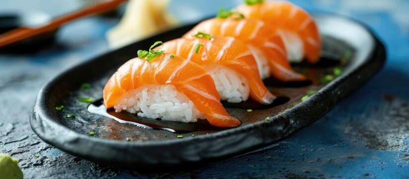 Close-up vertical macro shot of sushi salmon on a black plate on a blue concrete table.