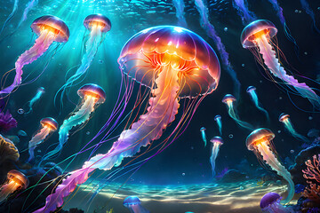 Beautiful luminous jellyfish floating in the mysterious sea. Breathtaking underwater scene.