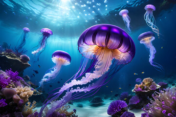 Beautiful luminous jellyfish floating in the mysterious sea. Breathtaking underwater scene.