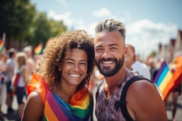 Naklejka premium Smiling gay couple at pride parade, Rainbow flag in the background. Generative AI.