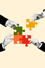 Vertical photo collage creative of four people coworkers have aim achieve solving work task connect...