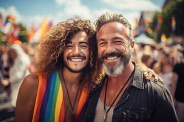 Smiling gay couple at pride parade, Rainbow flag in the background. Generative AI.