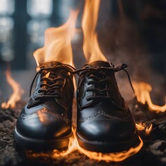 Shoes on fire on carpet background. Burning shoes on carpet background. Concept it's time to buy a new pair of shoes. Concept of sweat feet, bad smell, spoiled shoes after long use.  - obrazy, fototapety, plakaty