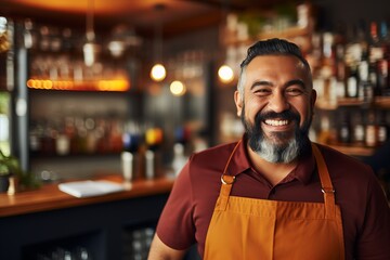 Obraz premium Smiling bartender with copy space at the bar in a lively and vibrant atmosphere