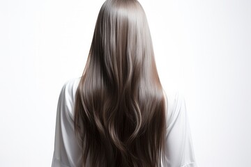 Naklejka premium The back of a girl with long hair on white background, Smooth and shiny hair. Generative AI.