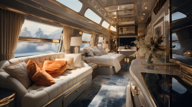 An extremely luxurious mobile home that redefines the concept of mobile living. The interior design is a high-end materials. Generative AI.