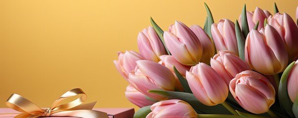 A bright spring banner with tulips on a bright yellow background is perfect for seasonal design and advertising.