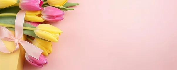 Keuken spatwand met foto Tulips on a pink background © ЮРИЙ ПОЗДНИКОВ