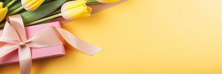 Cheerful spring tulip banner with bright flowers and festive box on sunny yellow background - obrazy, fototapety, plakaty