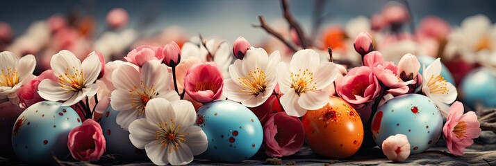 Assortment of colorful Easter eggs and blooming flowers to celebrate spring