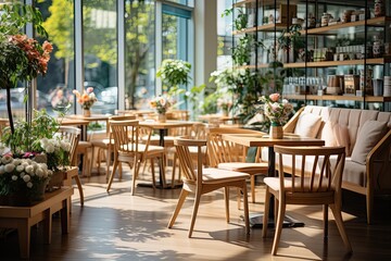 Fototapeta na wymiar Cozy Scandinavian-style café with large windows and wooden furniture
