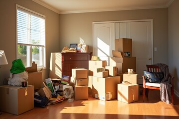 Spacious, bright room with large windows and boxes