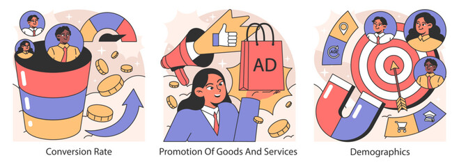 Advertising agency set. Showcasing conversion rate, goods promotion, and demographic targeting. Effective strategy and results-driven marketing approach. Flat vector illustration
