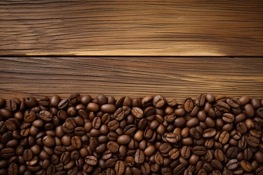 Wooden background with coffee beans. Generative AI