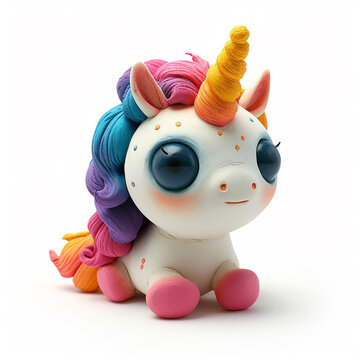Cute 3d cartoon small fantasy unicorn isolated on a transparent background, Made from clay.