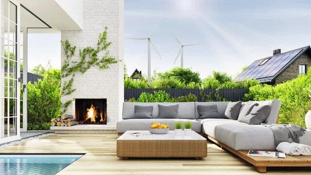 Harnessing Solar and Wind Energy. Outdoor patio area with garden furniture and outdoor fireplace 
